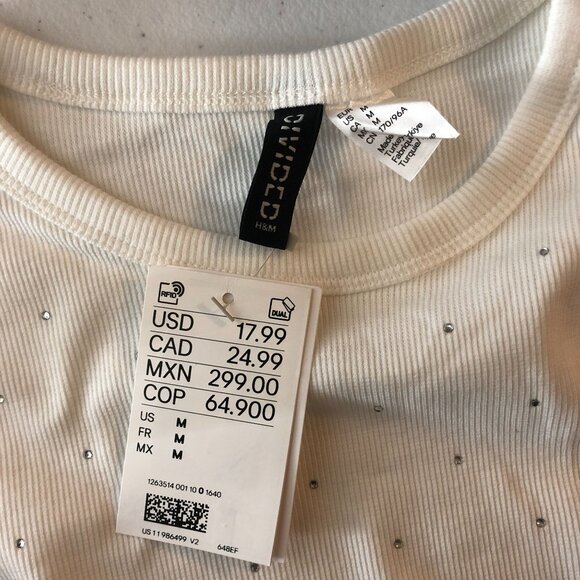 Divided H&M Womens T Shirt Ribbed Rhinestone Studded Short Sleeve White M - Picture 3 of 4